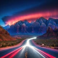 long exposure photo of highway at night with light streaks on the road and Royalty Free Stock Photo