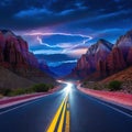 long exposure photo of highway at night with light streaks on the road and Royalty Free Stock Photo