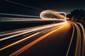 a long exposure photo of a highway at night with light streaks on the road and trees in the background Royalty Free Stock Photo