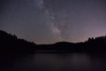 Purple night sky stars over mountain lake. Milky way galaxy in summer starry night Royalty Free Stock Photo