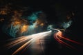 a long exposure photo of a road at night with light streaks on the road and trees on the side of the road and the road Royalty Free Stock Photo