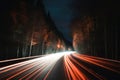 a long exposure photo of a road at night with trees in the background and light streaks on the road at the end of the road Royalty Free Stock Photo