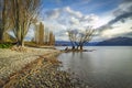 Long Exposure Photography Panorama with trees in the water at Queenstown Lake