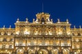 Long exposure photography of Plaza Mayor, main square, with people walking, in Salamanca in a beautiful summer night. Community of