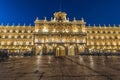 Long exposure photography of Plaza Mayor, main square, with people walking, in Salamanca in a beautiful summer night. Community of