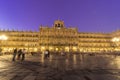 Long exposure photography of Plaza Mayor, main square, In Salamanca at beautiful sunset Spain, with lights on but decorative