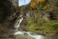 Long exposure photography of  running stream from Estrecho waterfall in Ordesa valley, in Autumn season, Royalty Free Stock Photo