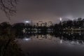 Long exposure picture from the central park to the skyscrapers of new york during a foggy night Royalty Free Stock Photo