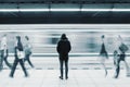Long exposure picture with lonely man at subway station with blurry moving train and walking people Royalty Free Stock Photo