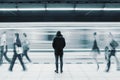 Long exposure picture with lonely man at subway station with blurry moving train and walking people