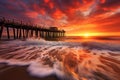 Long exposure of the pier at sunrise in Huntington Beach, California, long tall pier at sunset, small waves rolling in, AI