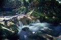 Long exposure of a river creek with a small waterfall. Sunset and strong detail bokeh view. blue calm warm water Royalty Free Stock Photo