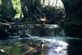 Long exposure of a river creek with a small waterfall. Sunset and strong detail bokeh view. blue calm warm water Royalty Free Stock Photo