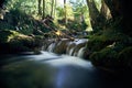 Long exposure of a river creek with a small waterfall. Sunset and strong detail bokeh view. blue calm warm water Royalty Free Stock Photo