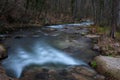 Long exposure of a river flowing through rocky forest