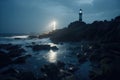 Long exposure of a rocky coast with a lighthouse on it created with generative AI technology