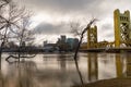 Long exposure of sacramento river near flood stage near Tower bridge and old sacramento