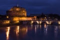 Long exposure in Sant Angelo Castle, Sant Angelo bridge and river Tiber at night with light set, Rome, Italy. Top view. Royalty Free Stock Photo