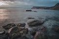 Long exposure of sea and rocks. sunset time