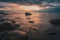 Long exposure of sea and rocks. sunset time