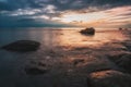 Long exposure of sea and rocks. sunset time