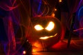 Illuminated Carved Halloween Pumpkin Display Royalty Free Stock Photo