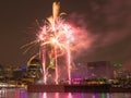 Long exposure shot of colorful fireworks in the old port of Montreal for the celebration of Canada day. Montreal, Quebec, Canada Royalty Free Stock Photo