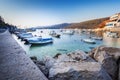 Long exposure shot of croatian bay in Labin city taken at dawn at blue hour