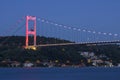 Long exposure shot of Fatih Sultan Mehmet Bridge  FSM  with light trails after sunset over bosphorus in Istanbul,Turkey Royalty Free Stock Photo