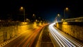 Long exposure shot of light trails of busy trafic freeway Royalty Free Stock Photo