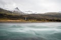 Long exposure shot by the river of Hamersa with snowy mountain peaks, basalt columns and waterfall underneath. Royalty Free Stock Photo