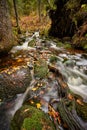 Long exposure shot of a small waterfall flowing over mossy rocks in a forest Royalty Free Stock Photo