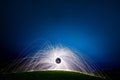 Long exposure shot of a spinning light beams in an evening blue sky