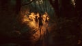 Long exposure shot of three runners on a forest trail at dusk, AI-generated.