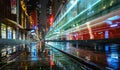 Long exposure shot of a tram cruising down the center of George Street on a rainy night