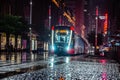 Long exposure shot of a tram cruising down the center of George Street on a rainy night