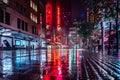 Long exposure shot of a tram cruising down the center of George Street on a rainy night