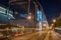 Long exposure shot of a tram running its course in the nighttime Budapest Royalty Free Stock Photo