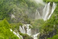long exposure shot of veliki slap, the largest waterfall at plitvice, at on a rainy misty day at plitvice lakes national Royalty Free Stock Photo
