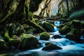 Long exposure of small river with waterfall in idyllic forest