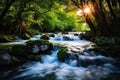 Long exposure of small river with waterfall in idyllic forest