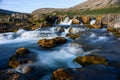 Long exposure of a small stream gently flowing over rounded rocks Royalty Free Stock Photo