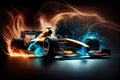 long exposure of speeding race car, with sparks flying from the wheels