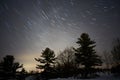Long exposure of star track at night seen behind treetrops