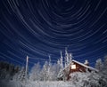 Long exposure startrail shot of Swedish house in the Forest