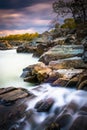 Long exposure at sunset of rapids at Great Falls Park, Virginia. Royalty Free Stock Photo