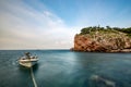 Long exposure technique of small sea boat at dawn Royalty Free Stock Photo