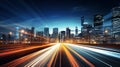 A long exposure to a cityscape with vibrant lights coming off the skyscrapers at night Royalty Free Stock Photo