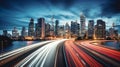 A long exposure to a cityscape with vibrant lights coming off the skyscrapers at night Royalty Free Stock Photo