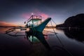 Long exposure with traditional Philippines boat at evening. Blue hour seascape Royalty Free Stock Photo